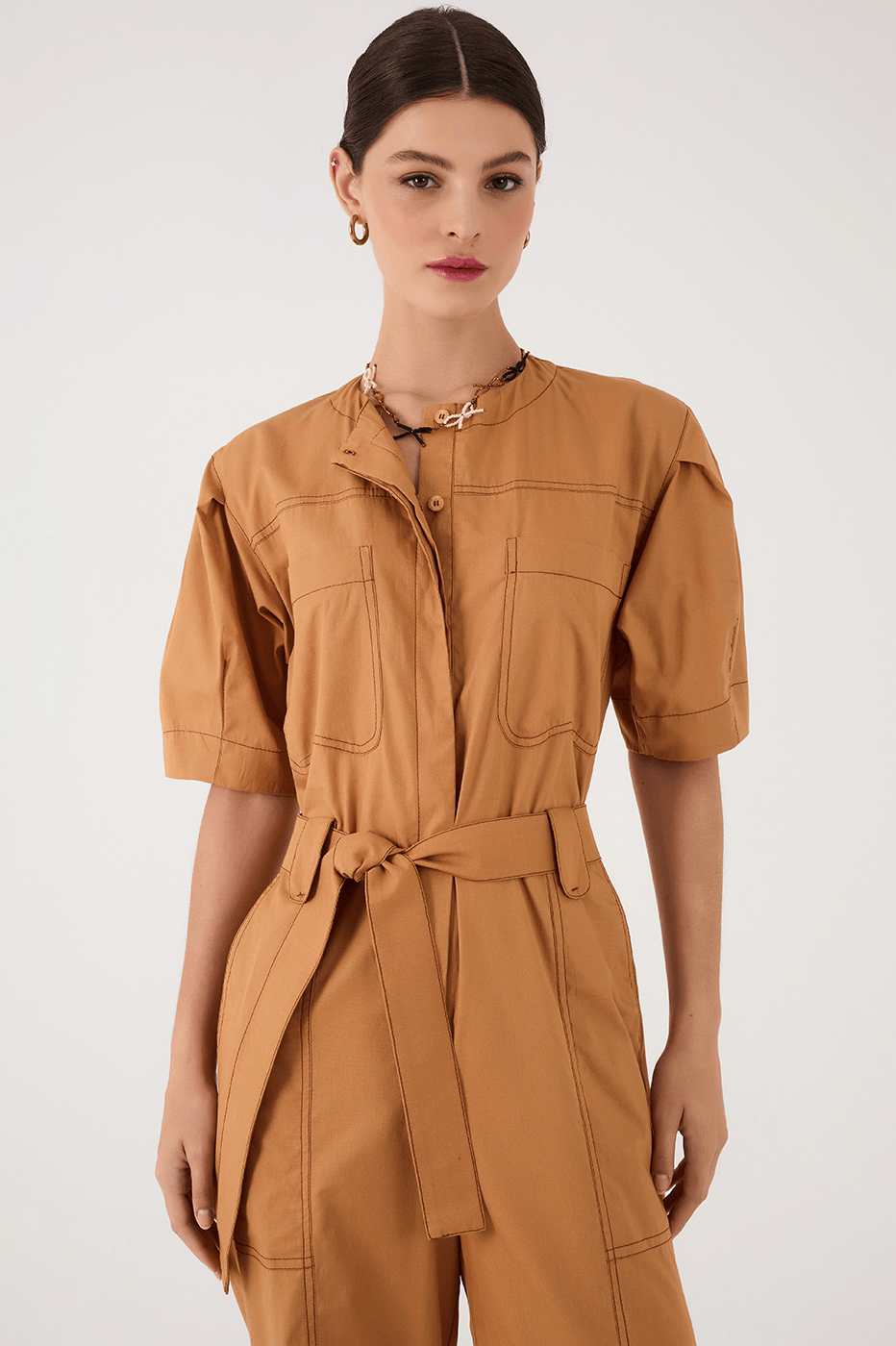 Beige Leme Buttoned Belted Short Sleeve Pockets Jumpsuit