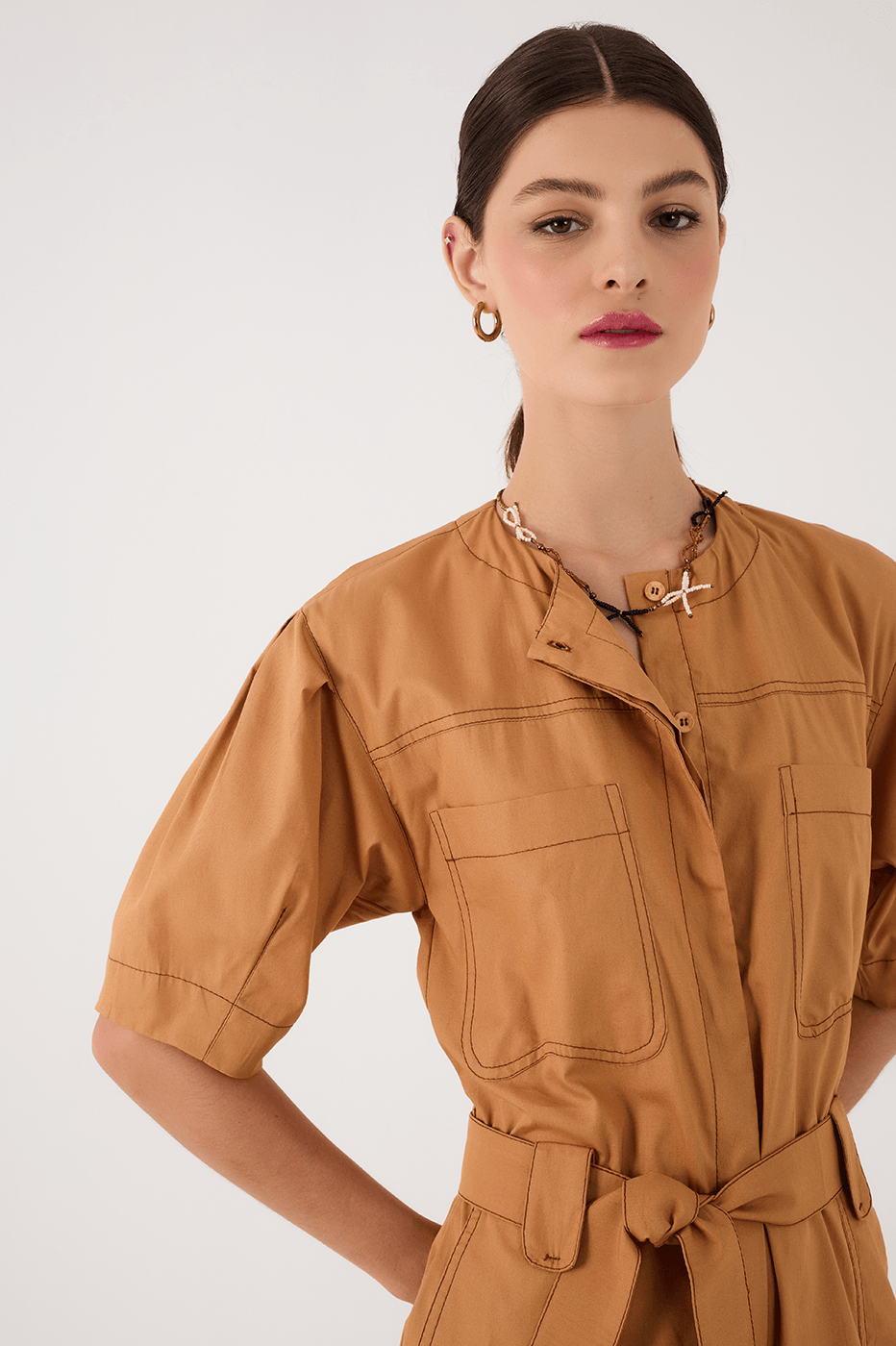 Beige Leme Buttoned Belted Short Sleeve Pockets Jumpsuit