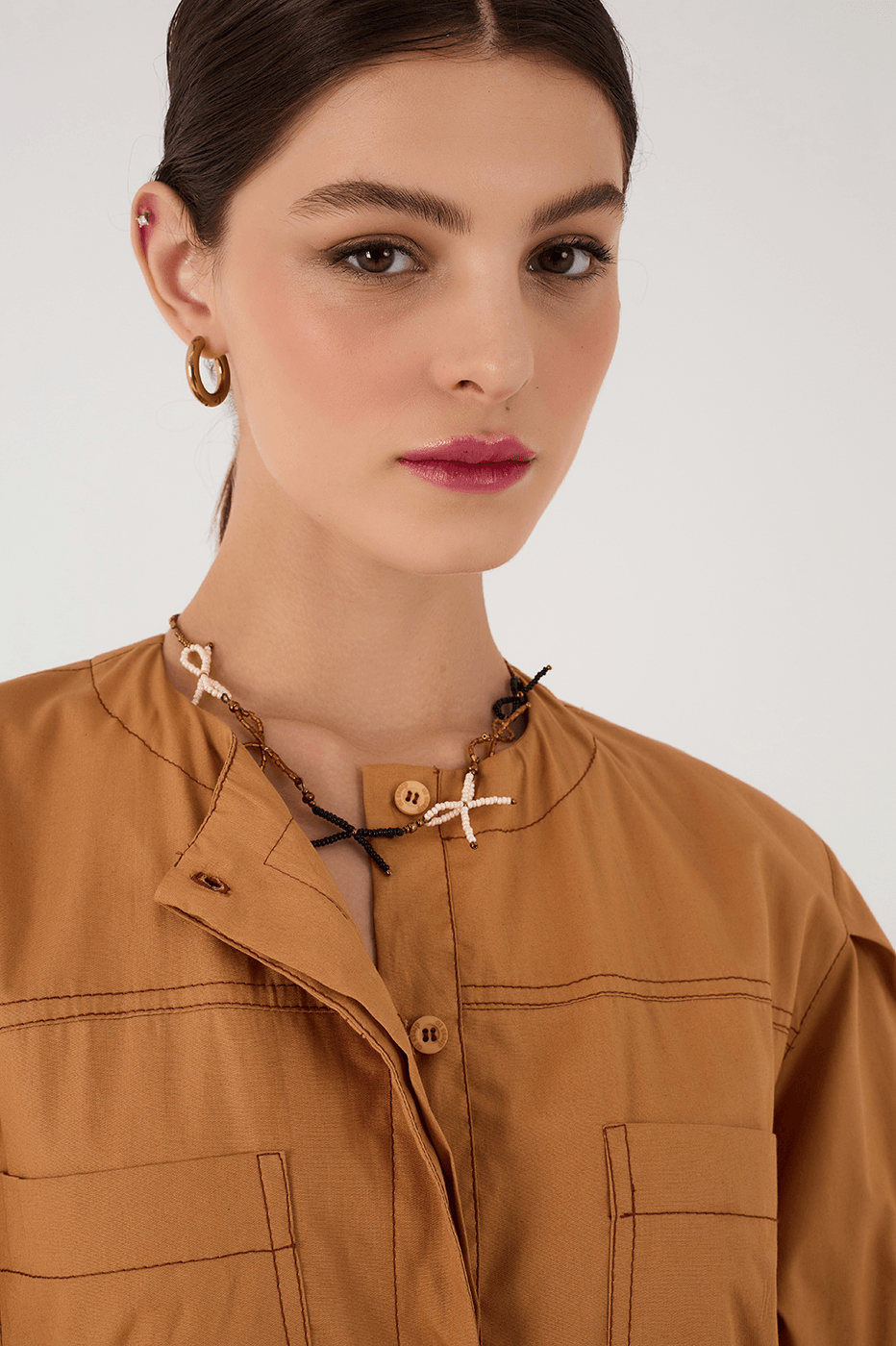 Beige Leme Buttoned Belted Short Sleeve Pockets Jumpsuit