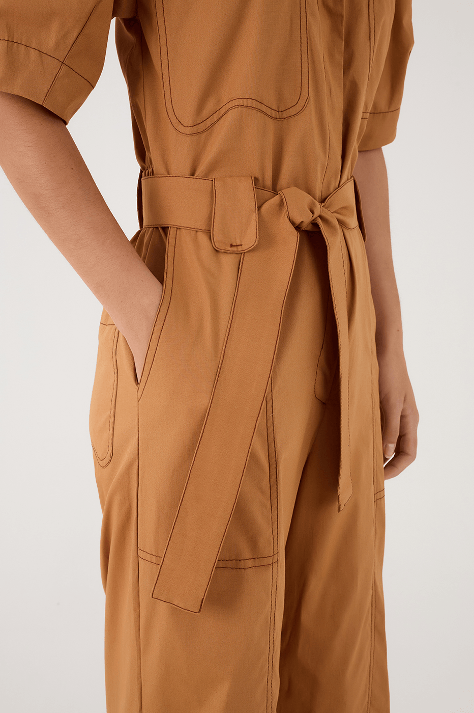 Beige Leme Buttoned Belted Short Sleeve Pockets Jumpsuit