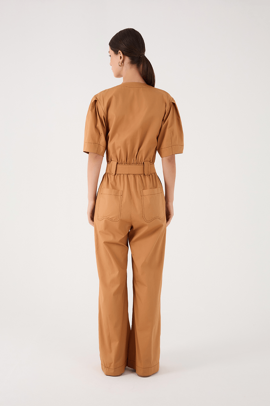 Beige Leme Buttoned Belted Short Sleeve Pockets Jumpsuit