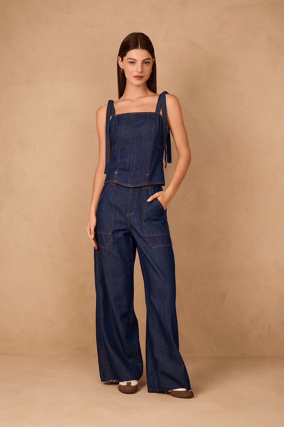Denim Shoulder Ties Square Neck Pockets Jumpsuit