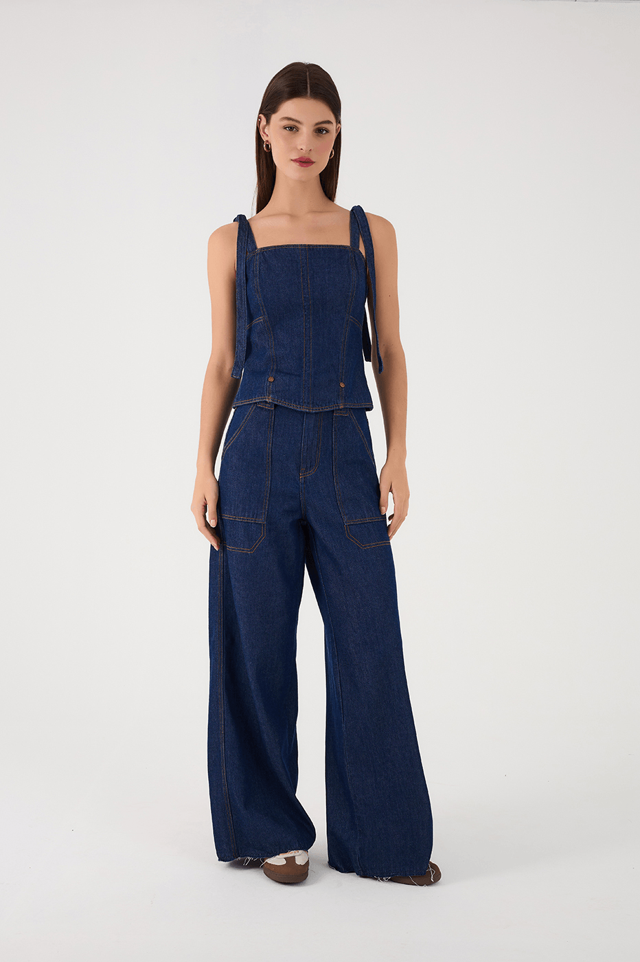 Denim Shoulder Ties Square Neck Pockets Jumpsuit