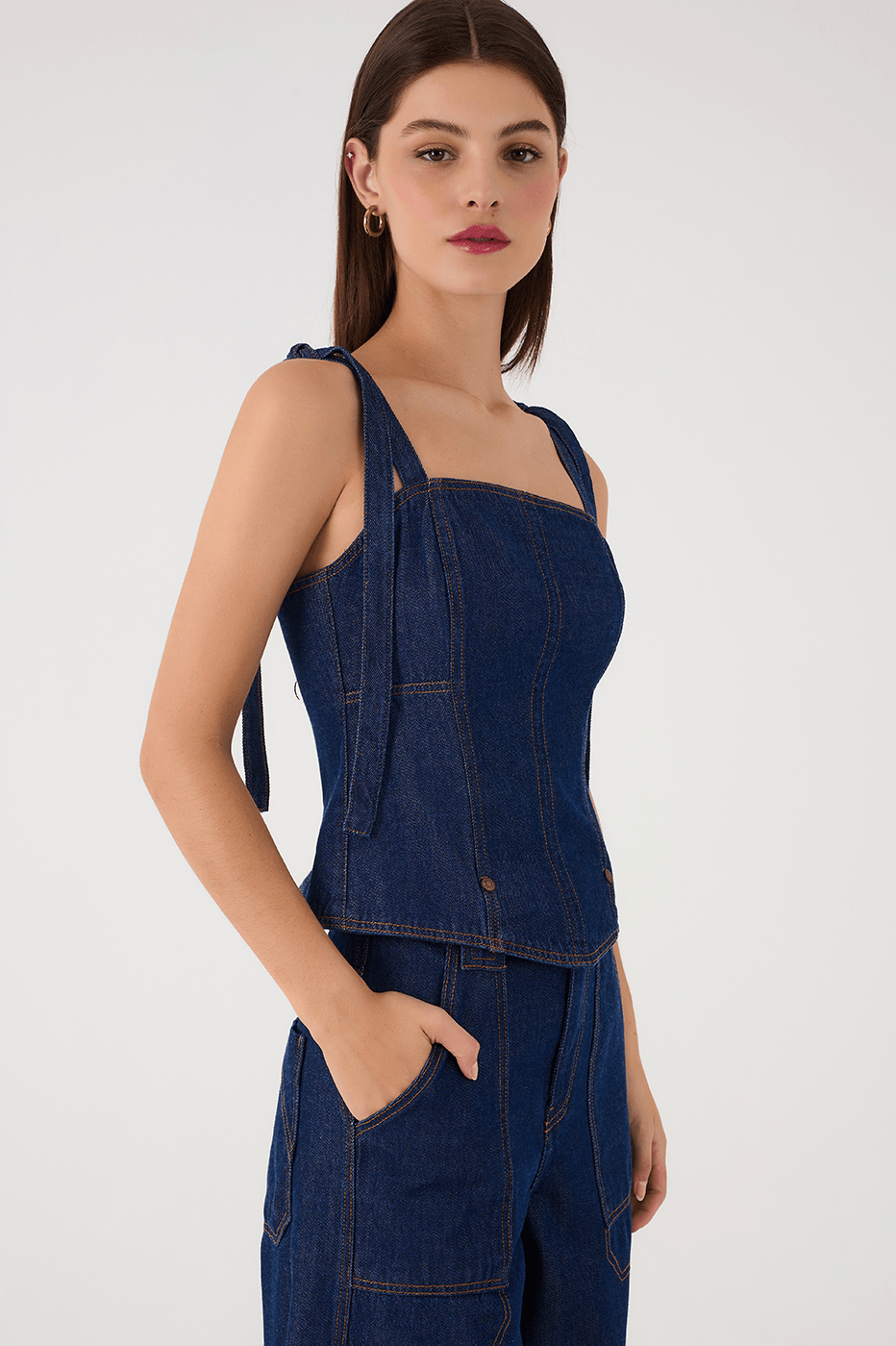 Denim Shoulder Ties Square Neck Pockets Jumpsuit