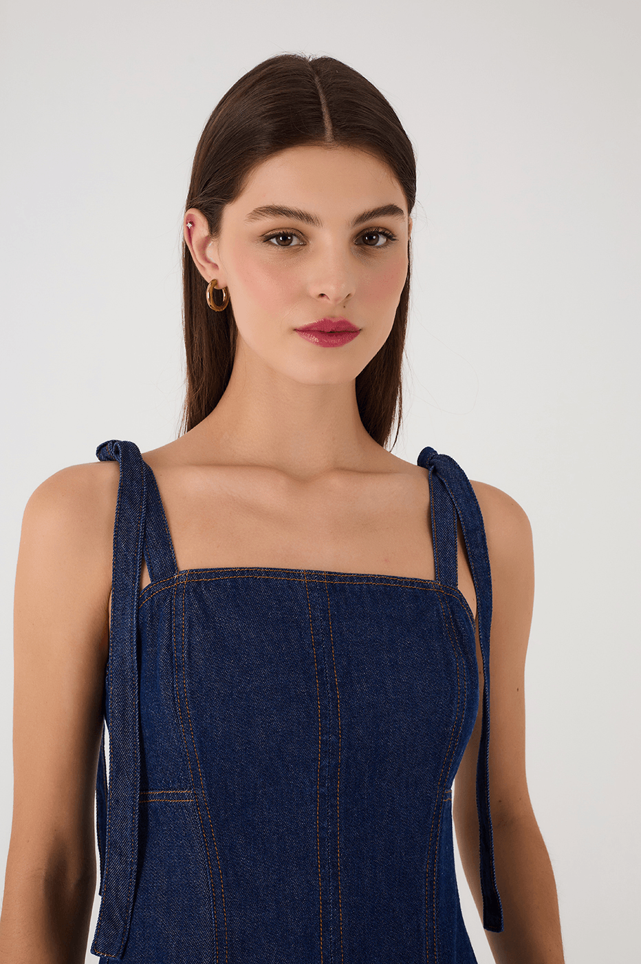 Denim Shoulder Ties Square Neck Pockets Jumpsuit