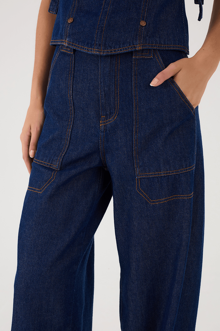 Denim Shoulder Ties Square Neck Pockets Jumpsuit