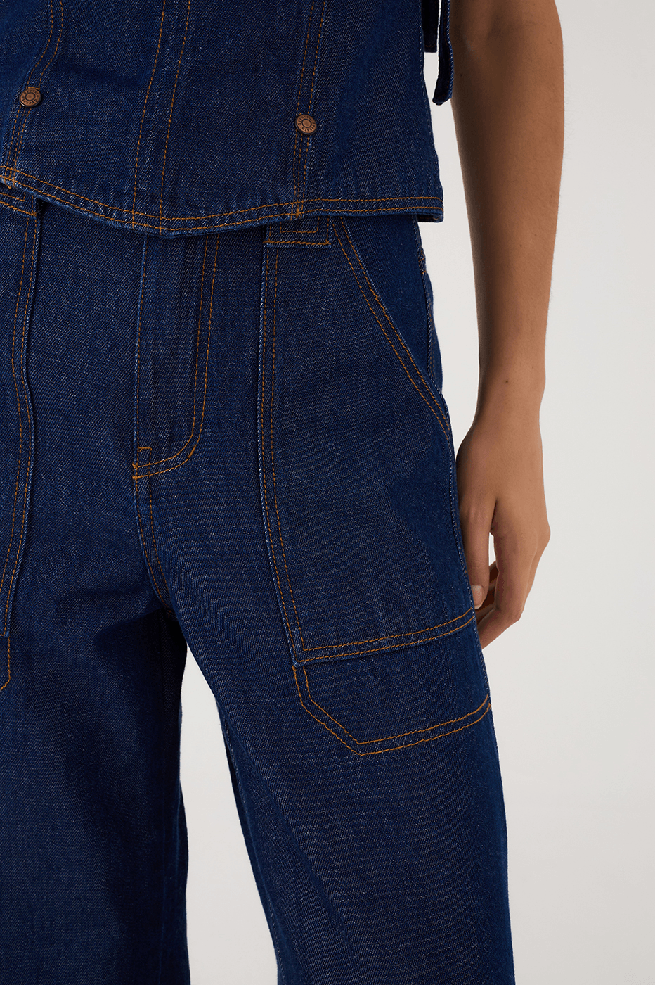 Denim Shoulder Ties Square Neck Pockets Jumpsuit