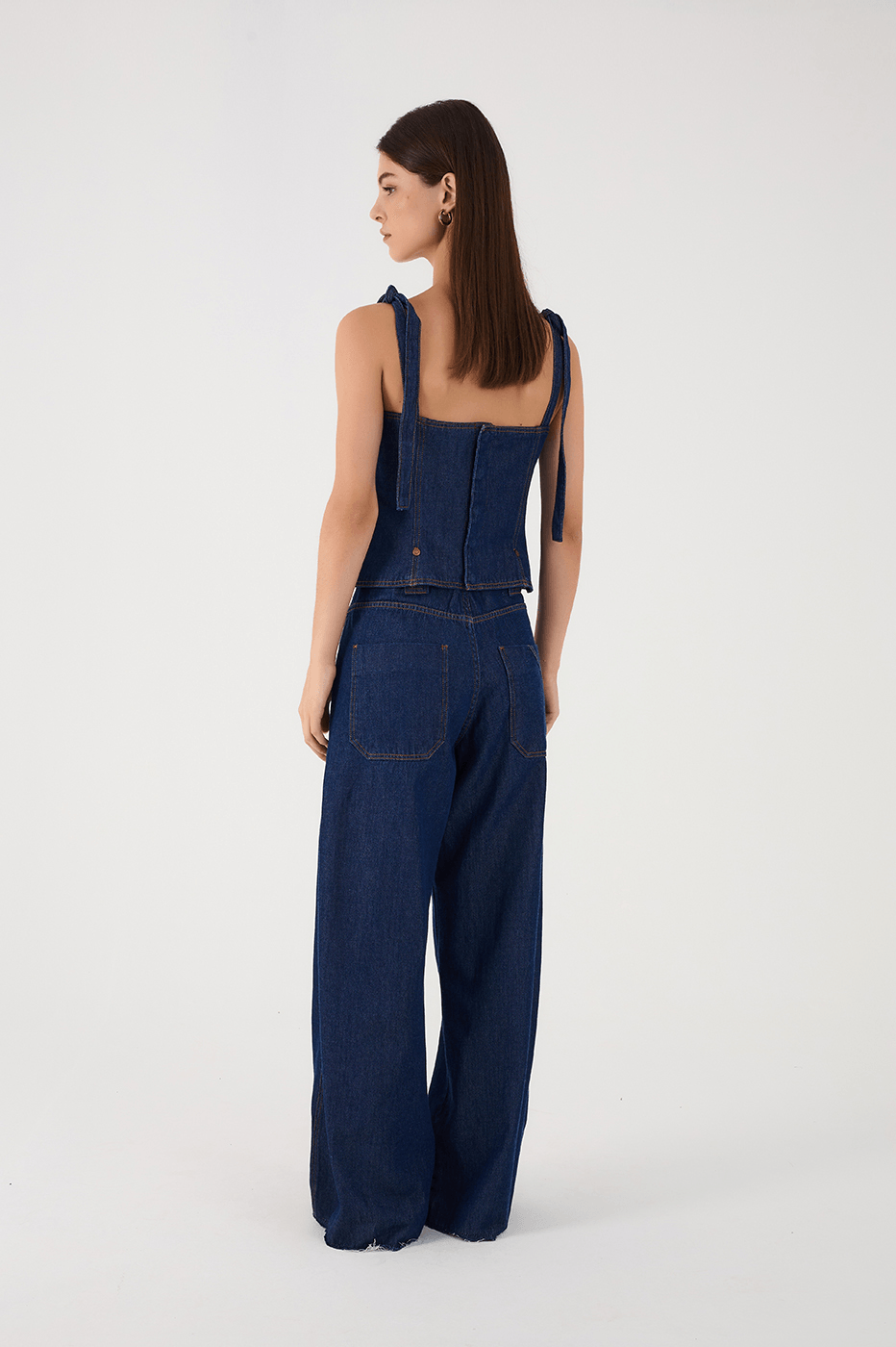 Denim Shoulder Ties Square Neck Pockets Jumpsuit