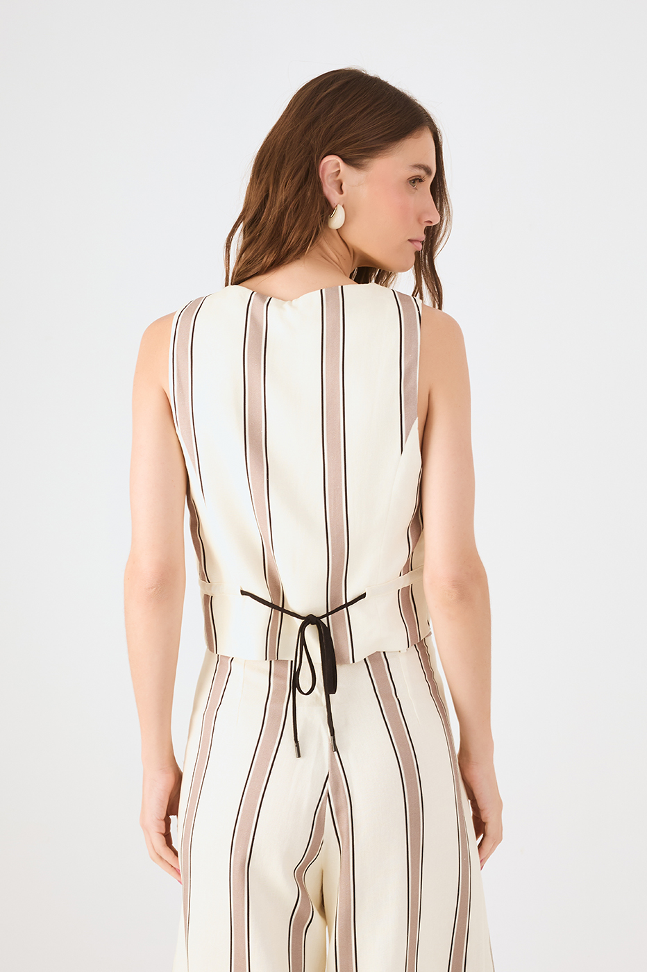 Beige Parque Stripes V Neck Sleeveless Linen Vest