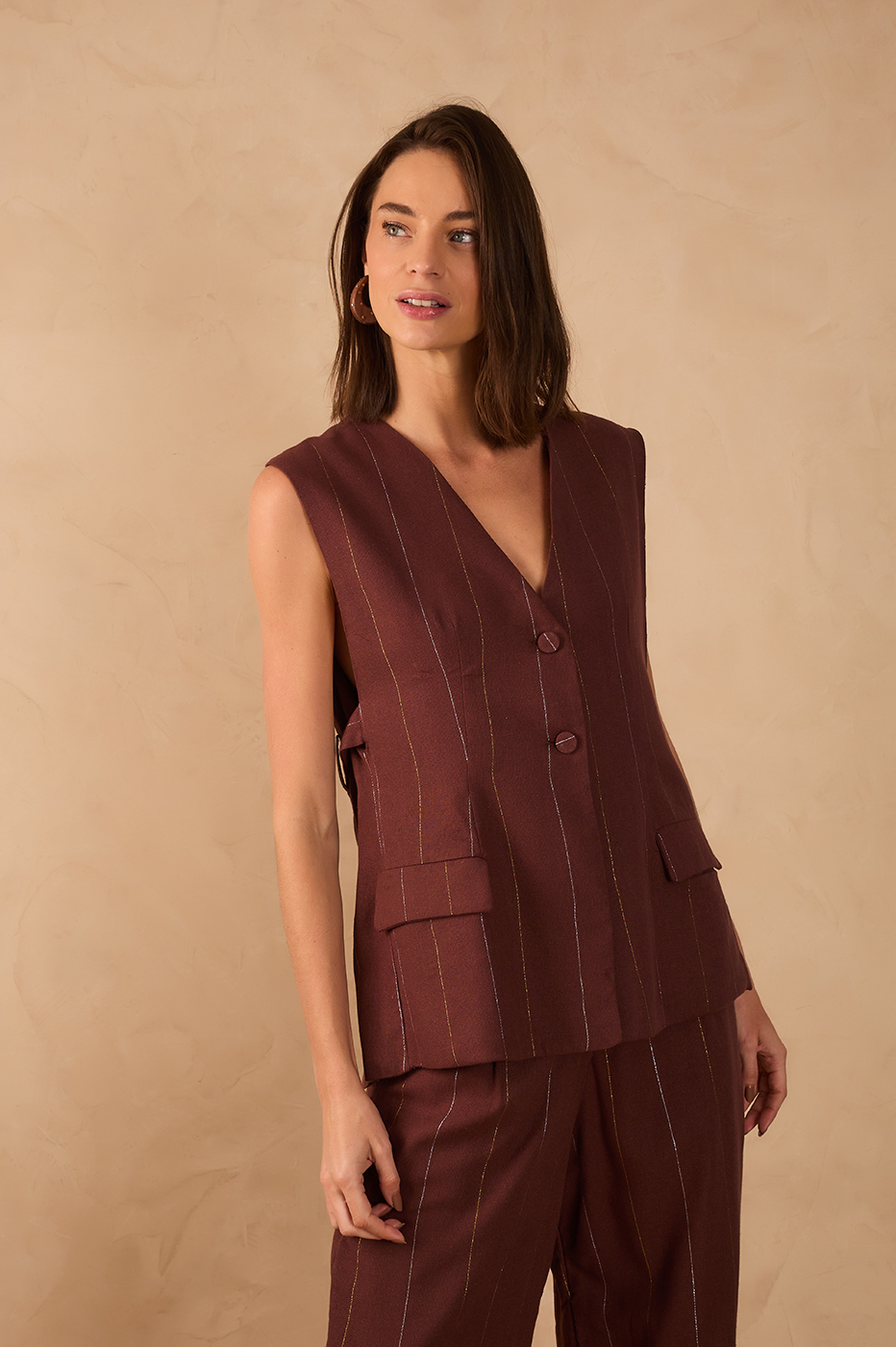 Brown Lurex V Neck Buttoned Sleeveless Linen Vest