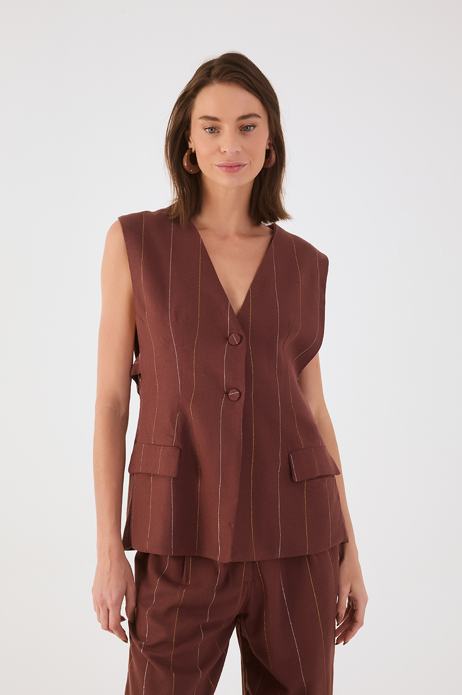Brown Lurex V Neck Buttoned Sleeveless Linen Vest