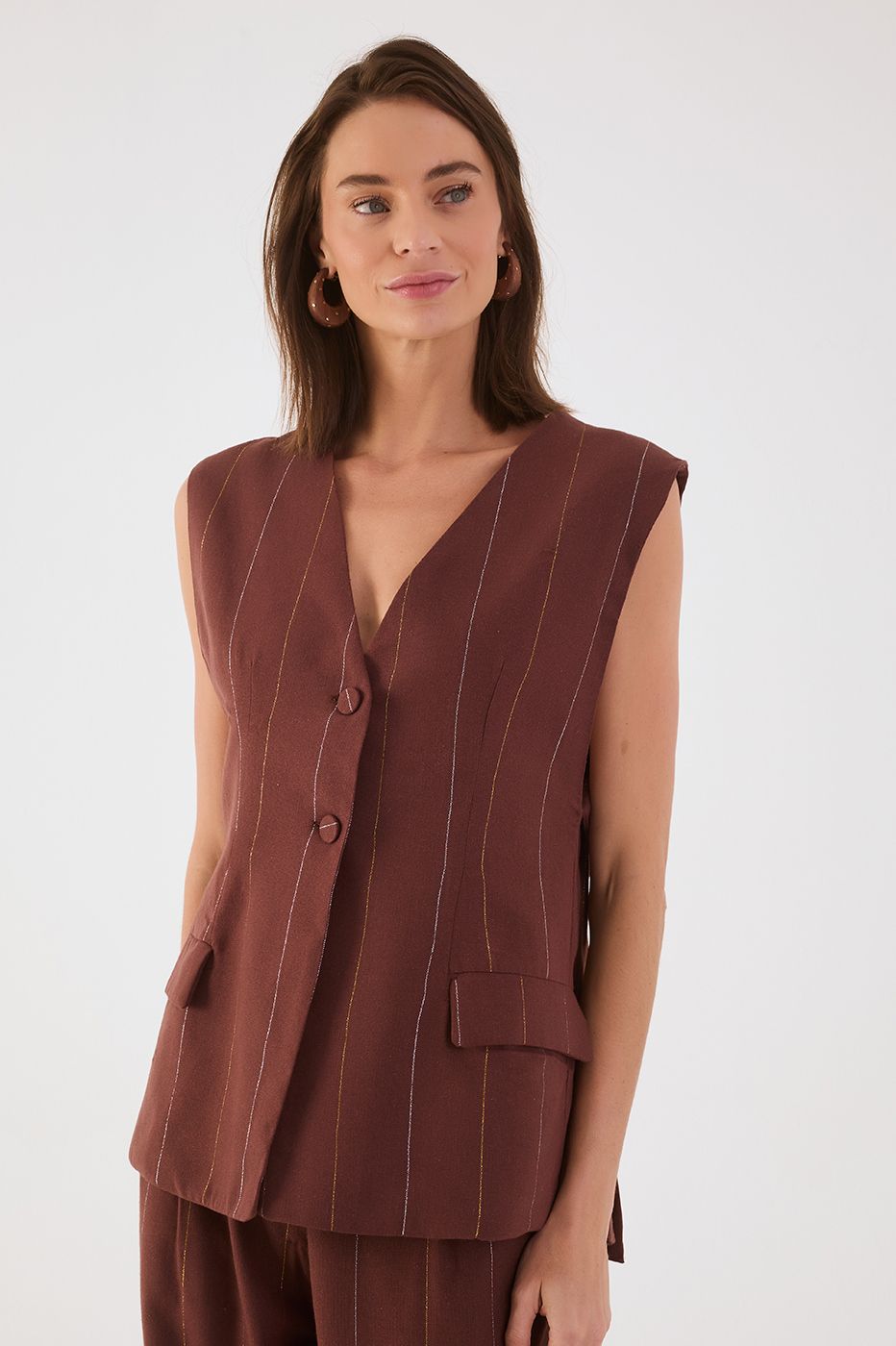 Brown Lurex V Neck Buttoned Sleeveless Linen Vest