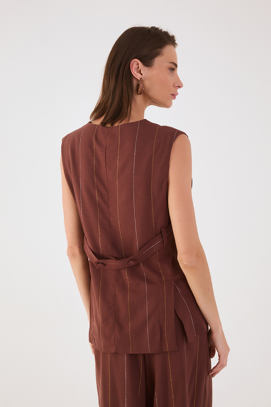 Brown Lurex V Neck Buttoned Sleeveless Linen Vest