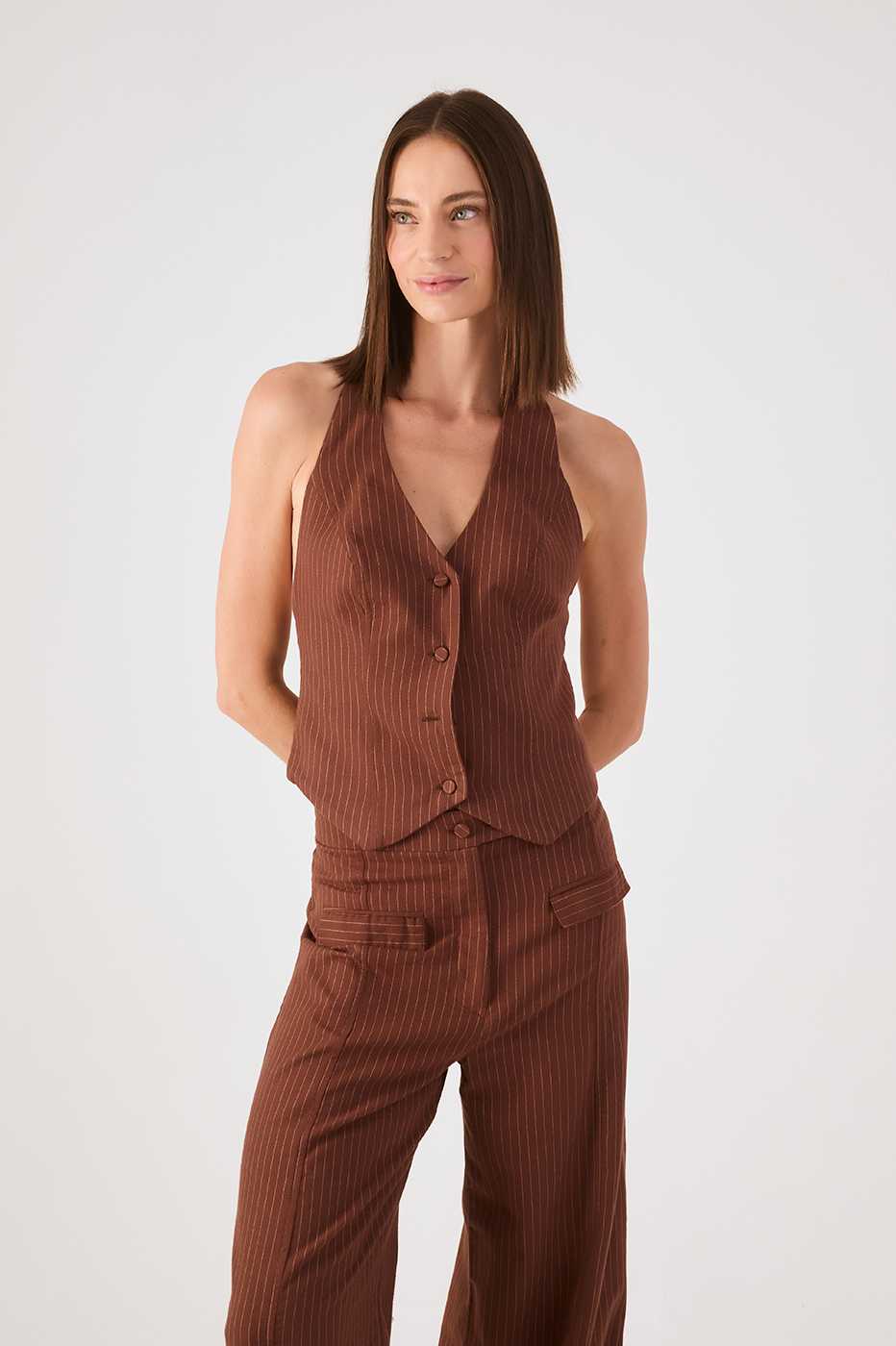 Brown Caffeine Pinstripe Buttoned Sleeveless Vest