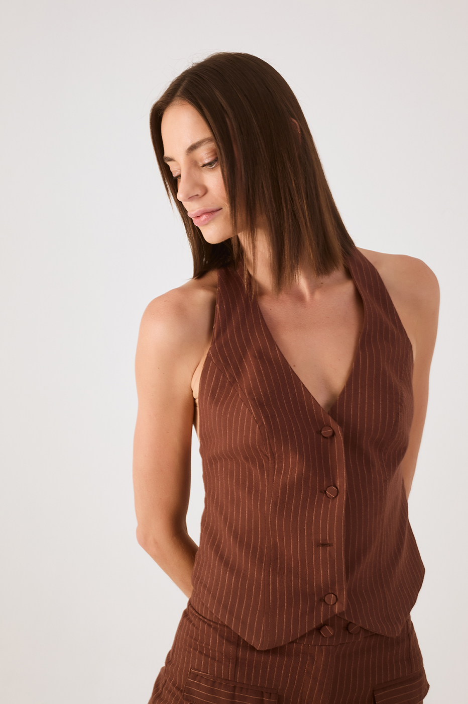 Brown Caffeine Pinstripe Buttoned Sleeveless Vest