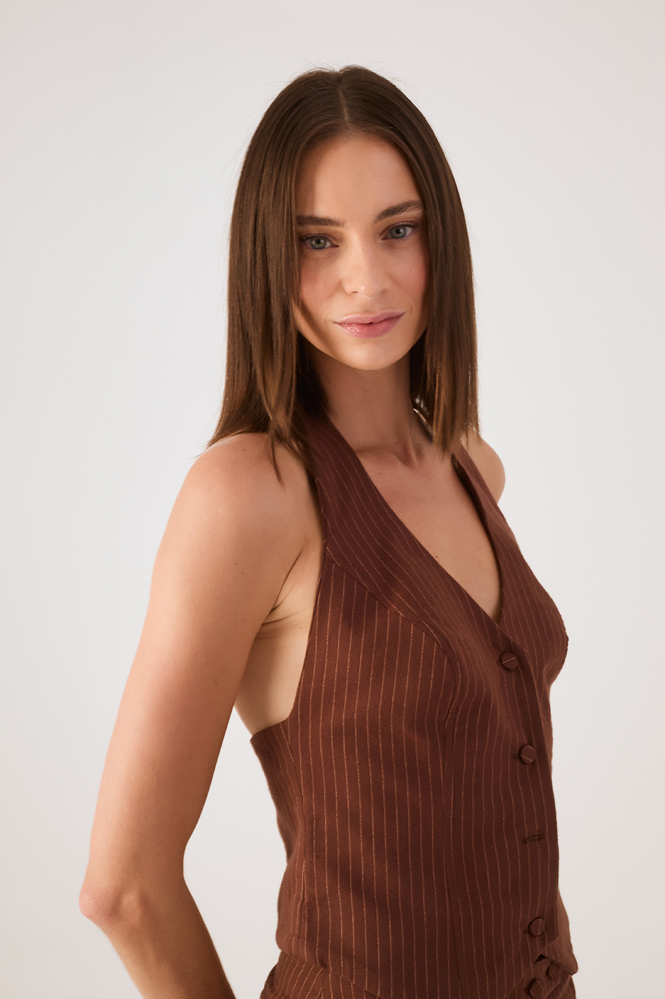 Brown Caffeine Pinstripe Buttoned Sleeveless Vest