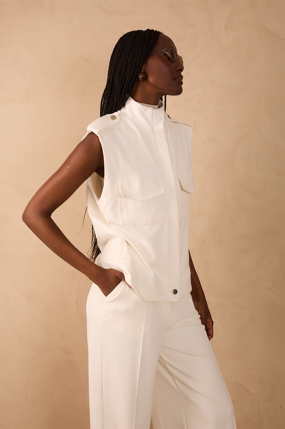 Off-White High Neck Sleeveless Front Pockets Tailored Vest