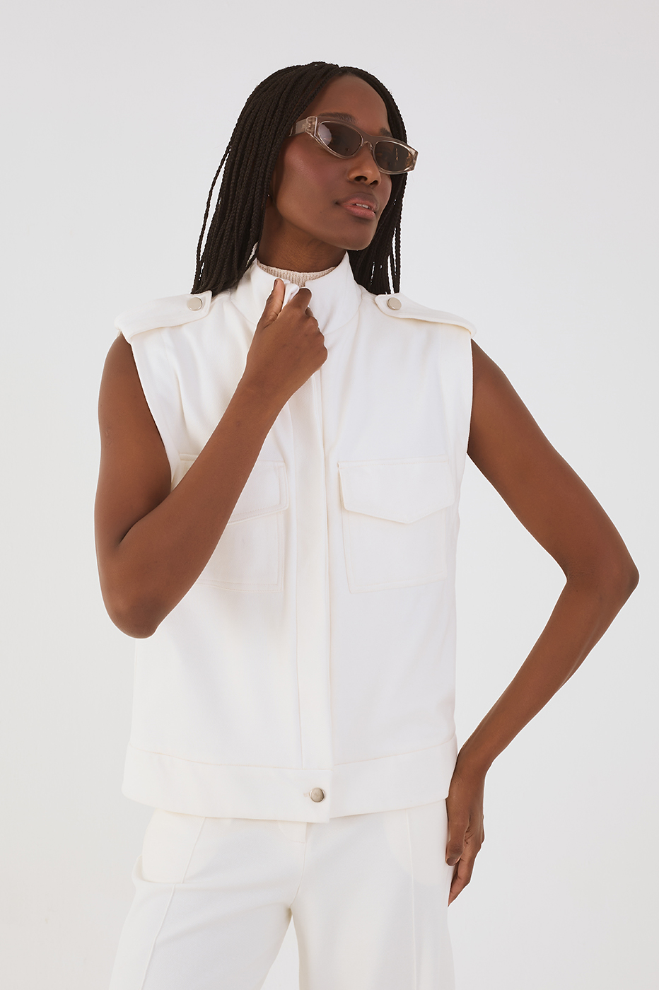 Off-White High Neck Sleeveless Front Pockets Tailored Vest