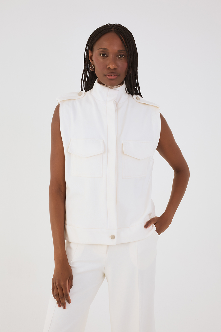 Off-White High Neck Sleeveless Front Pockets Tailored Vest