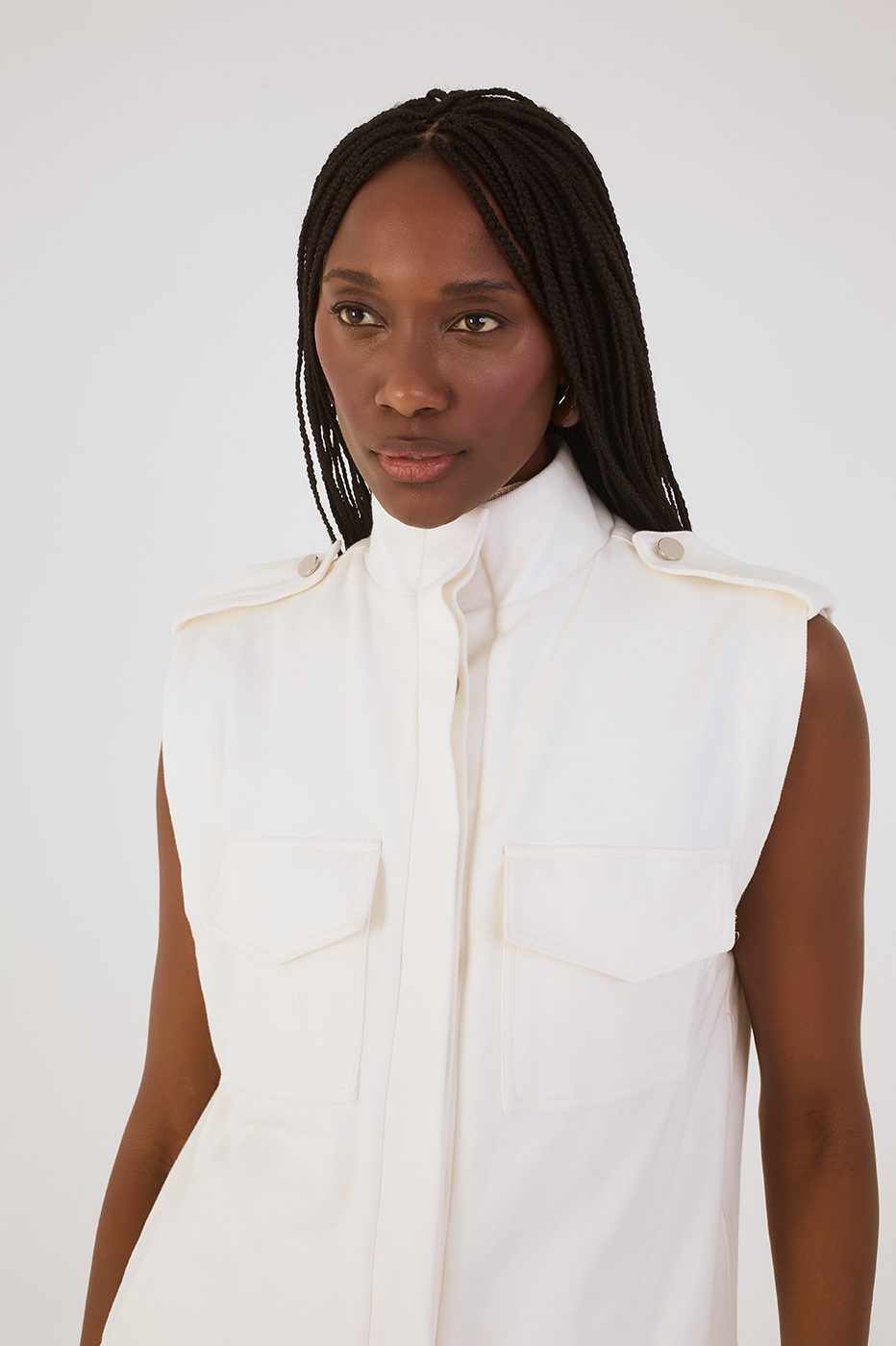 Off-White High Neck Sleeveless Front Pockets Tailored Vest