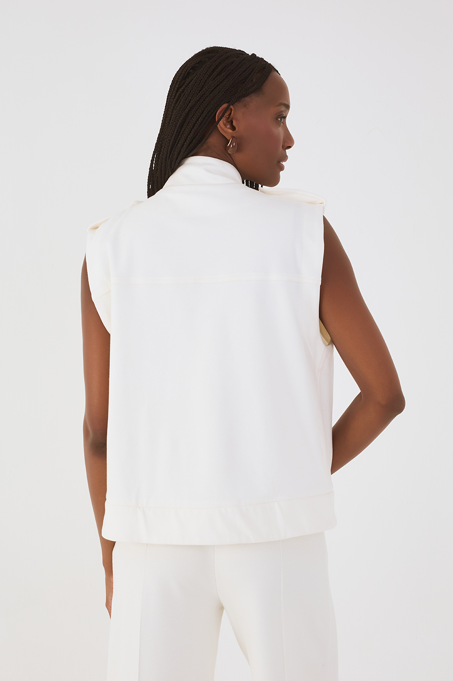 Off-White High Neck Sleeveless Front Pockets Tailored Vest