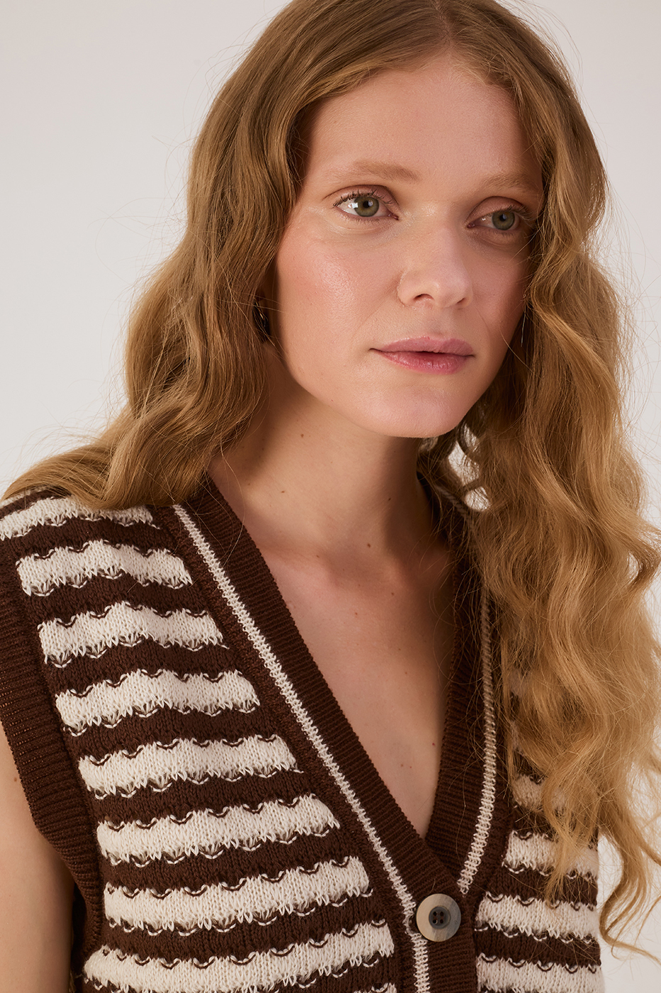 Brown Ipanema V Neck Buttoned Sleeveless Tricot Vest
