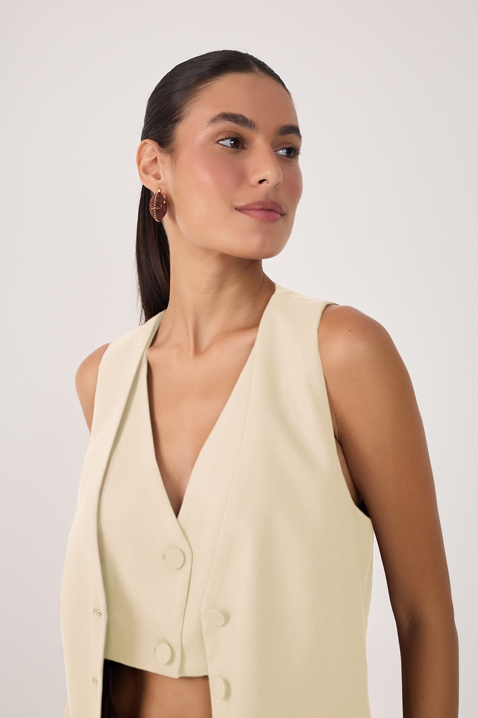 Beige Overlapped Buttoned Sleeveless Vest