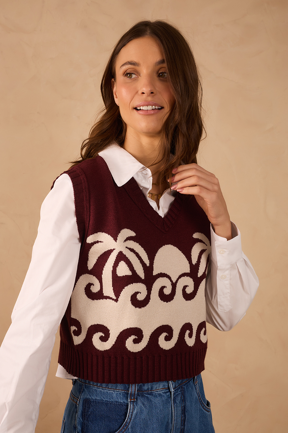 Wine Bossa Paradise V Neck Tricot Crop Vest