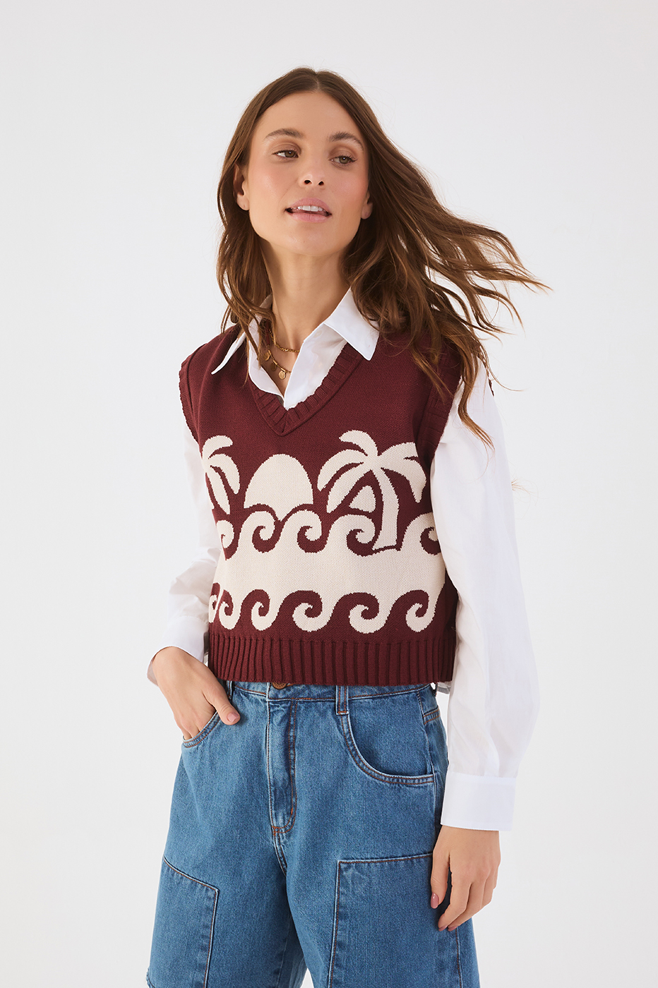 Wine Bossa Paradise V Neck Tricot Crop Vest