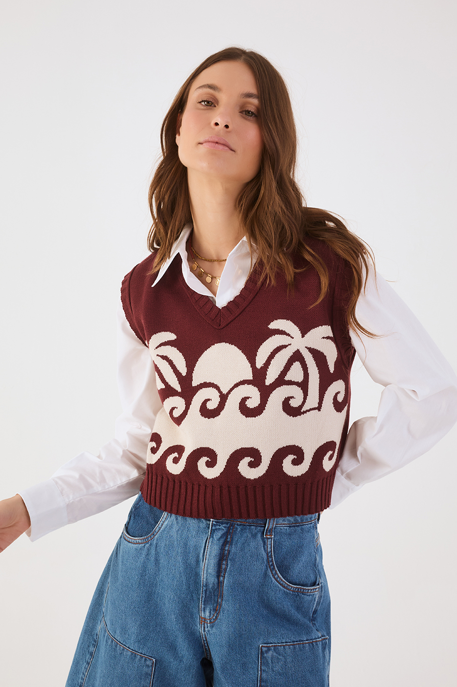 Wine Bossa Paradise V Neck Tricot Crop Vest
