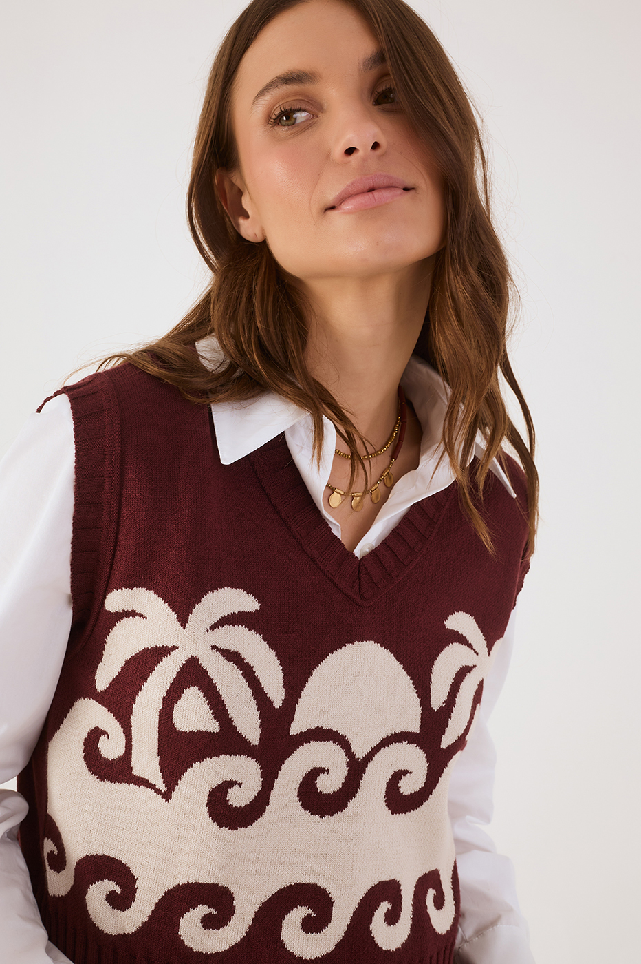 Wine Bossa Paradise V Neck Tricot Crop Vest