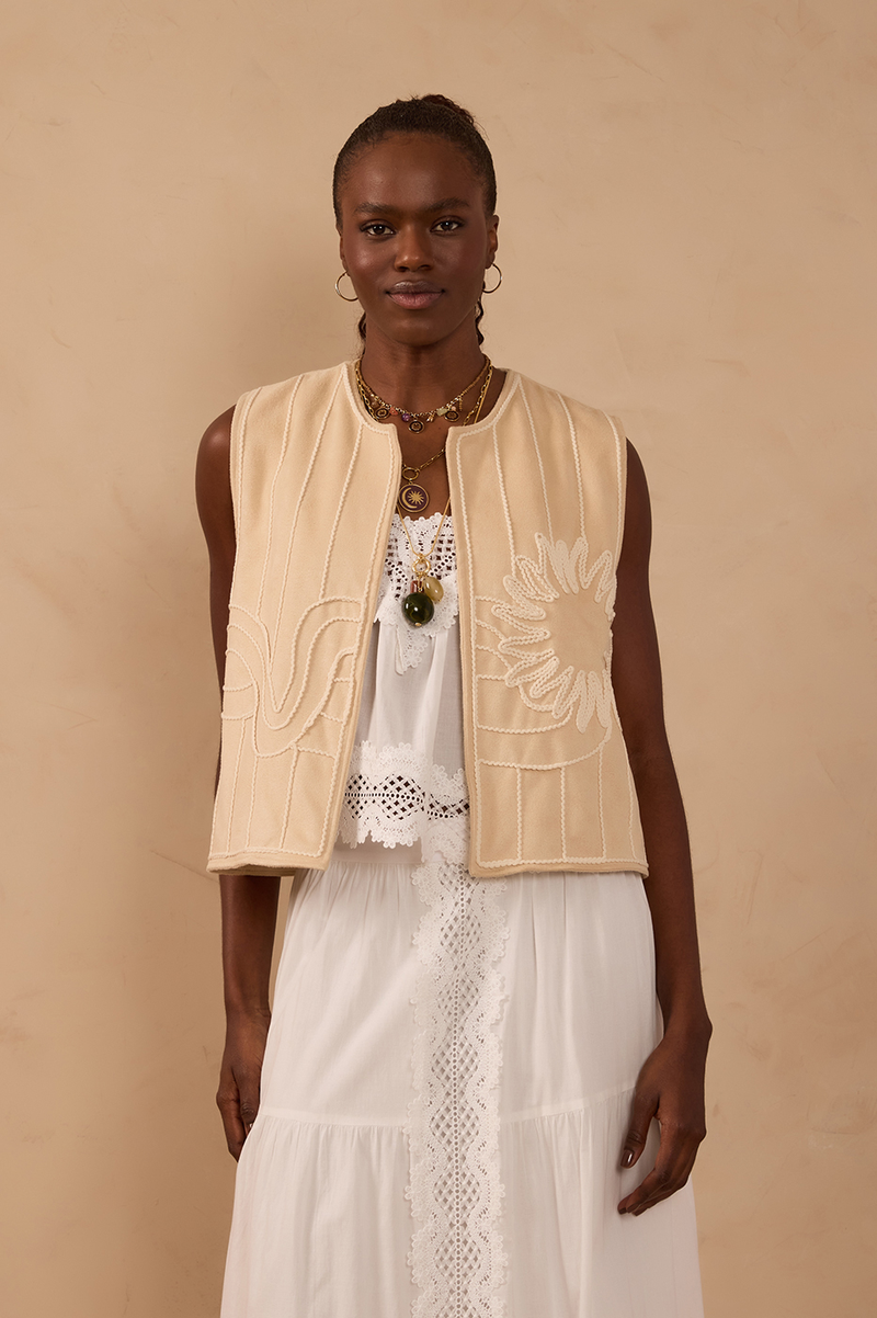 Beige Embroidered Sleeveless Suede Vest_1