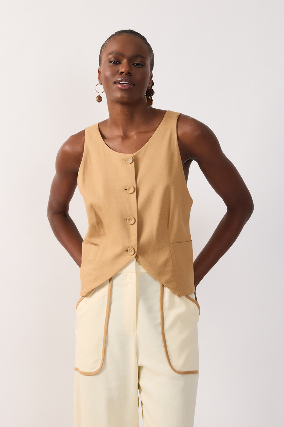Back Ties Buttoned Sleeveless Vest_2