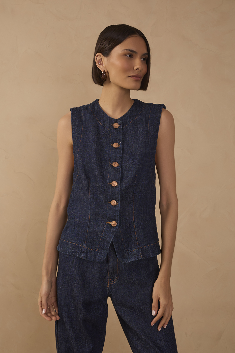 Denim Smocked Back Sleeveless Vest