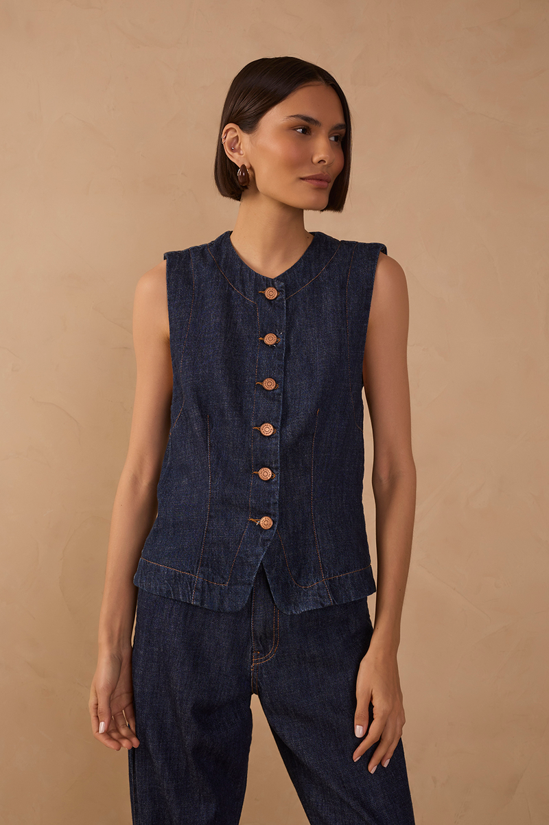 Denim Smocked Back Sleeveless Vest_1