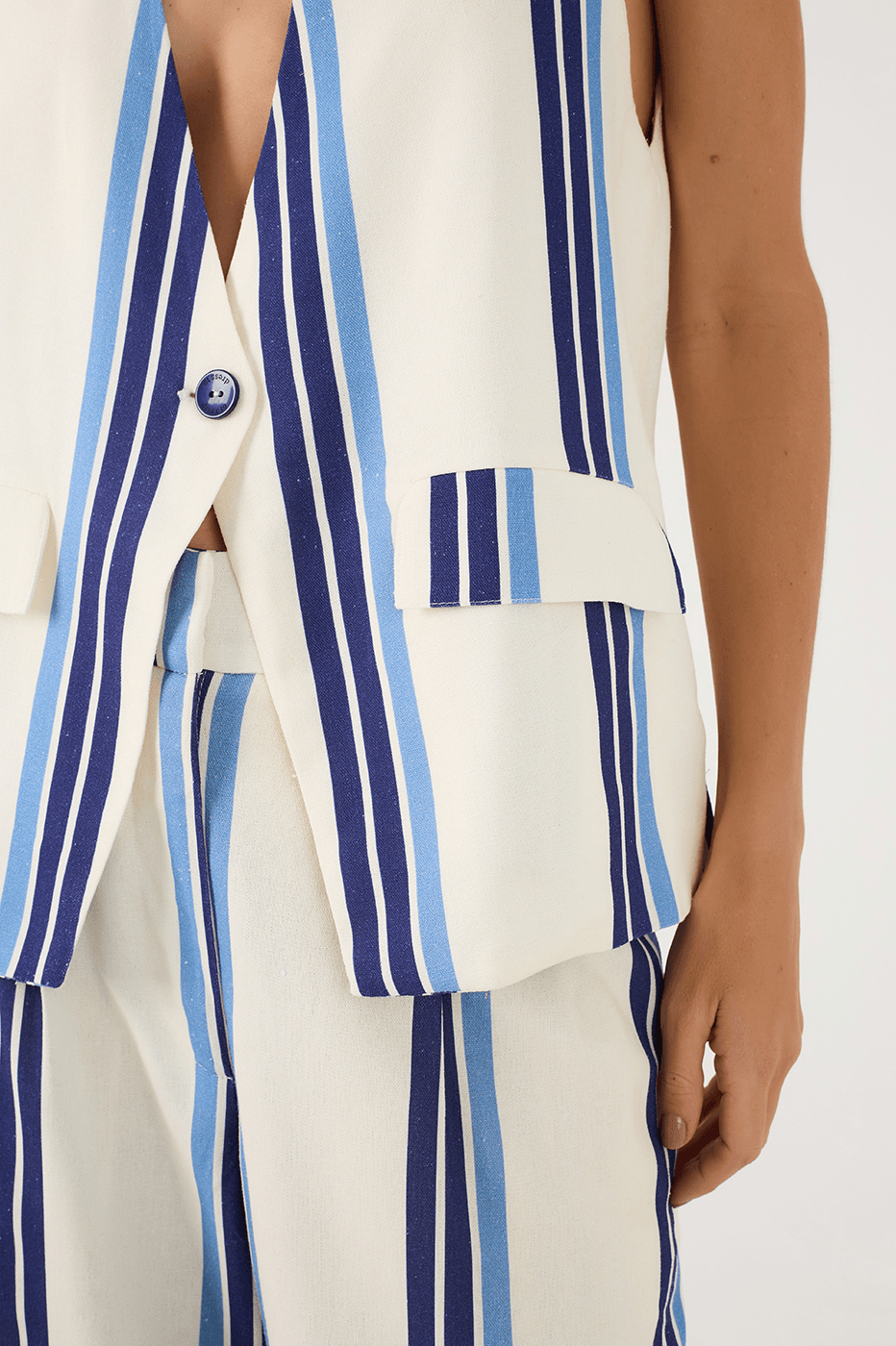 Blue Stripes Joa Button Sleeveless Linen Vest