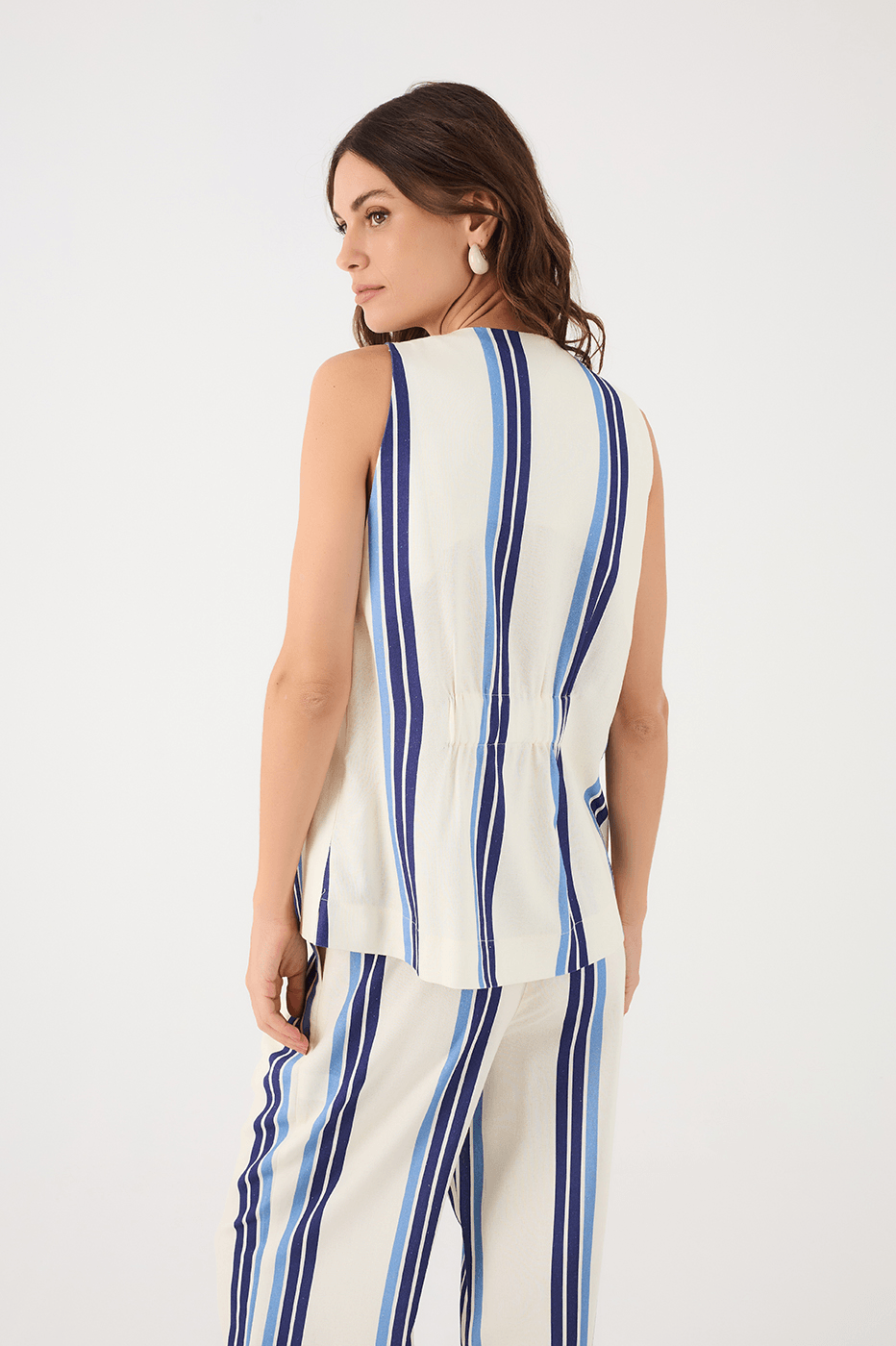 Blue Stripes Joa Button Sleeveless Linen Vest