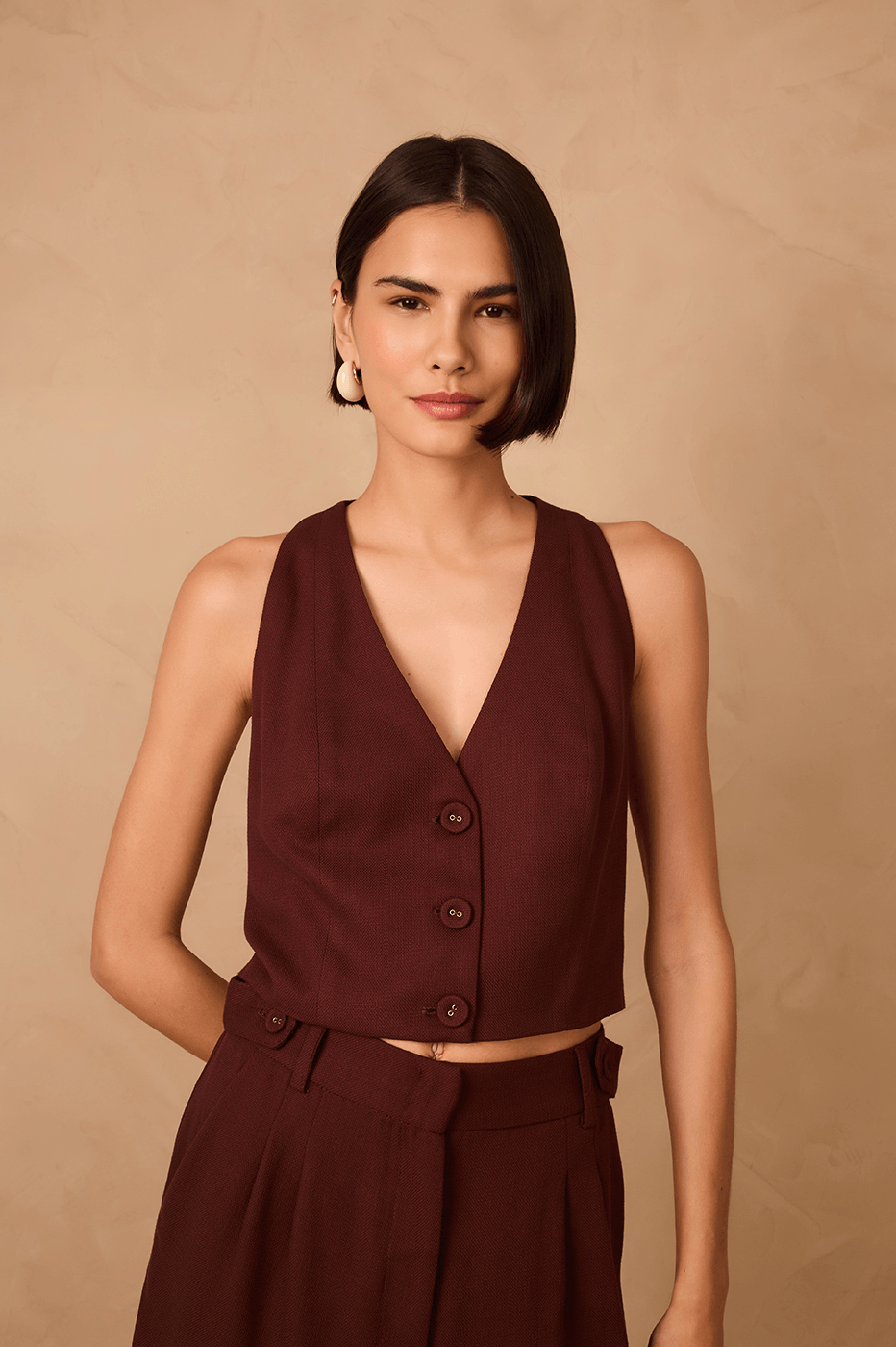 Brown Caffeine Buttoned Sleeveless Tailored Vest