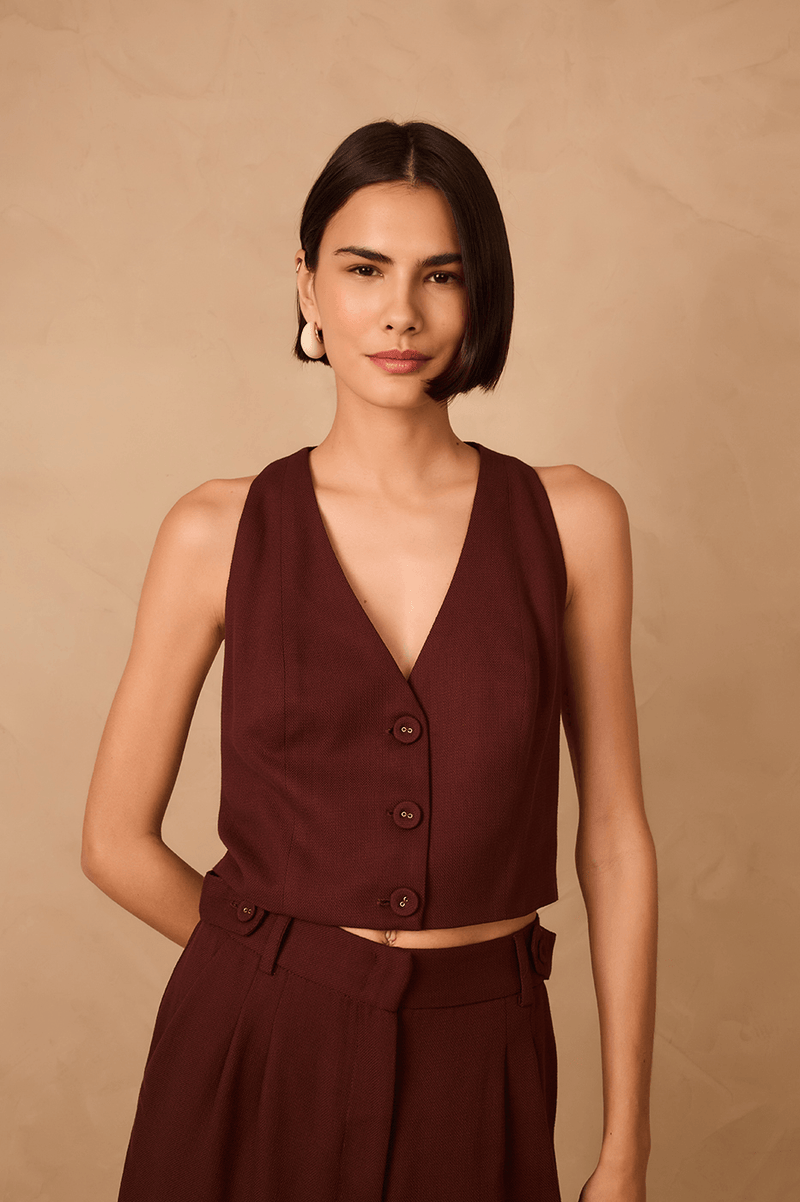 Brown Caffeine Buttoned Sleeveless Tailored Vest_1