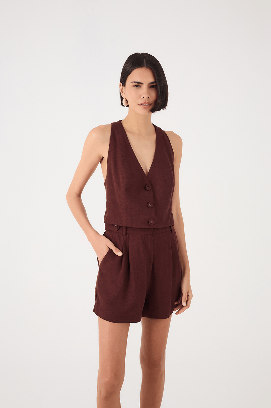 Brown Caffeine Buttoned Sleeveless Tailored Vest