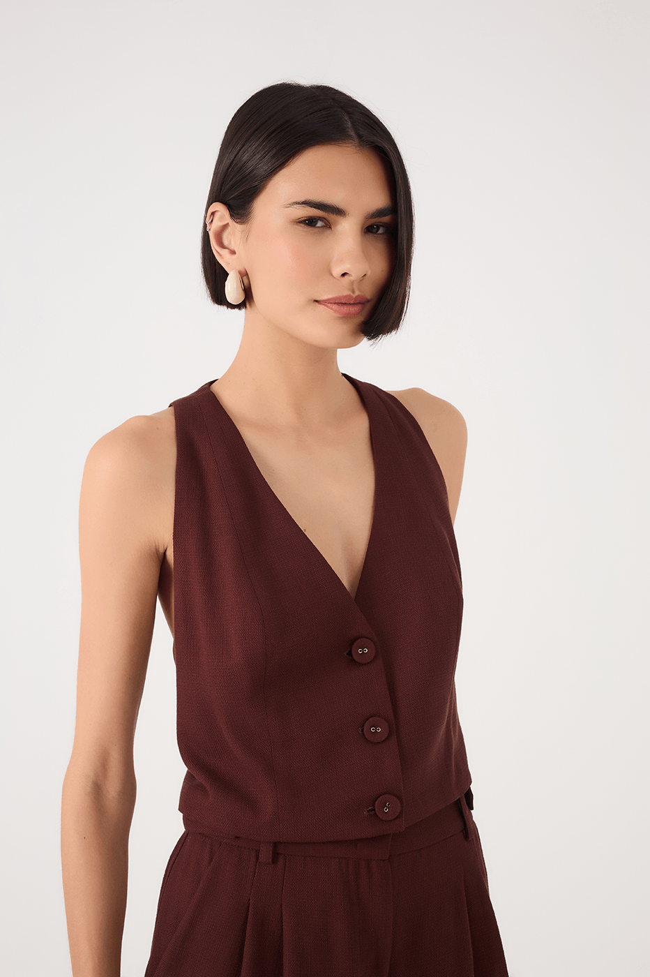 Brown Caffeine Buttoned Sleeveless Tailored Vest
