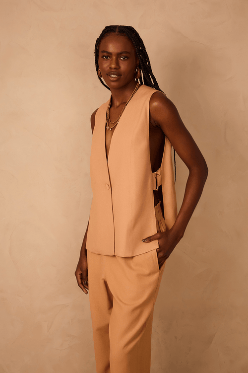 Beige Leme Plunging Neck Buttoned Side Buckle Linen Vest_1
