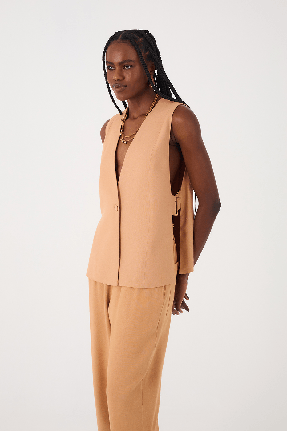 Beige Leme Plunging Neck Buttoned Side Buckle Linen Vest