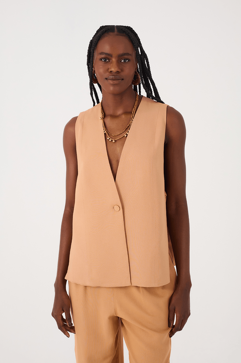 Beige Leme Plunging Neck Buttoned Side Buckle Linen Vest