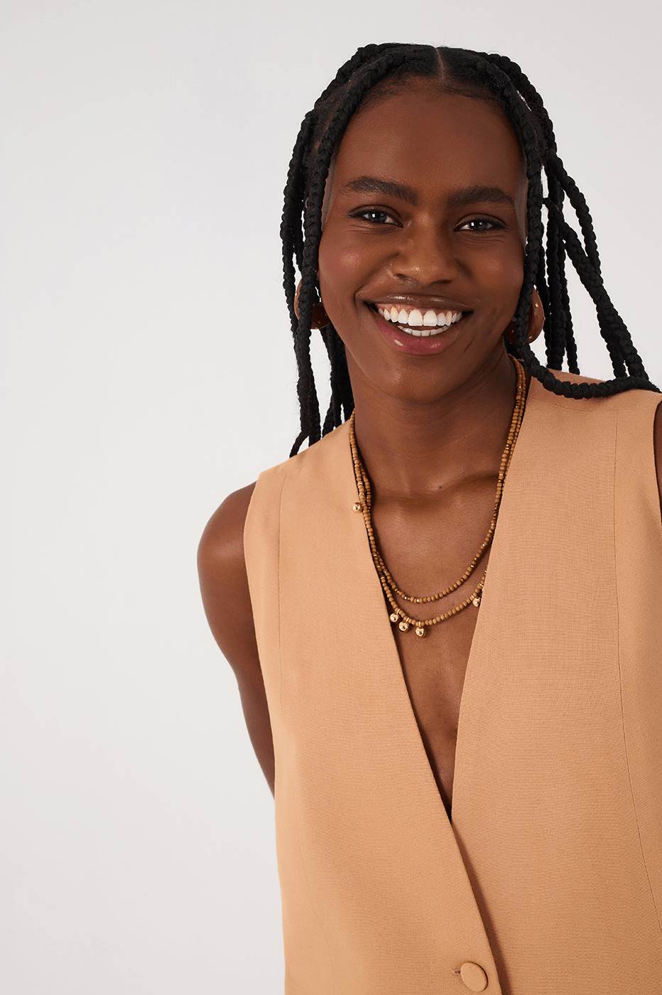 Beige Leme Plunging Neck Buttoned Side Buckle Linen Vest