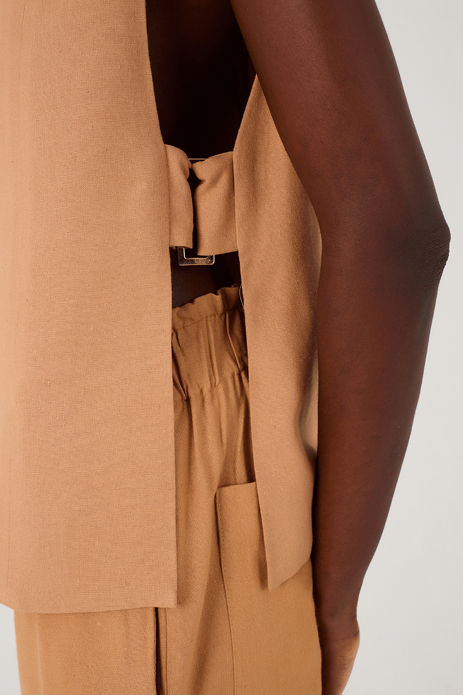 Beige Leme Plunging Neck Buttoned Side Buckle Linen Vest