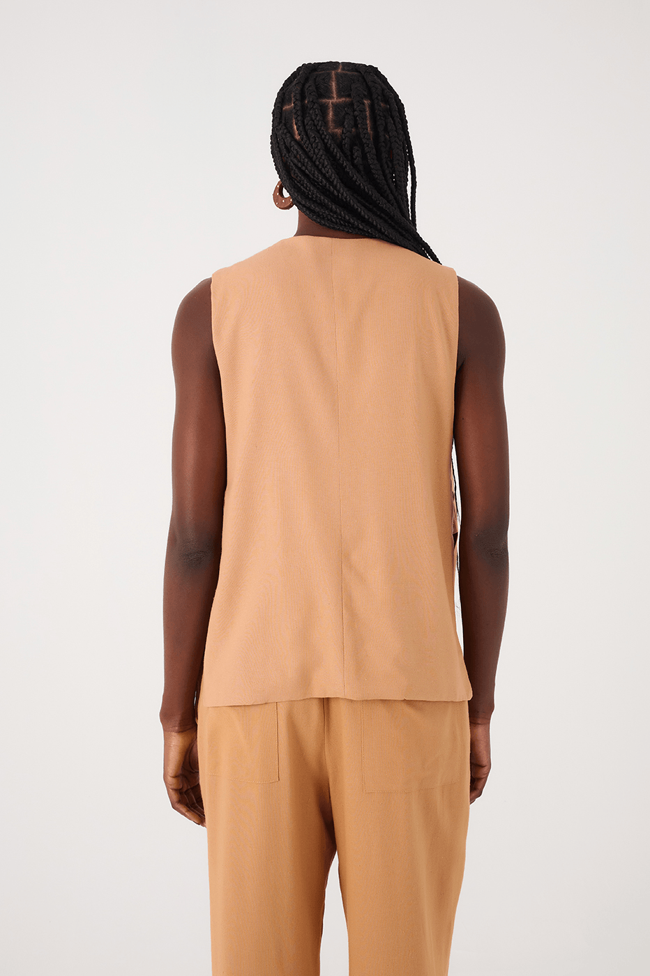 Beige Leme Plunging Neck Buttoned Side Buckle Linen Vest
