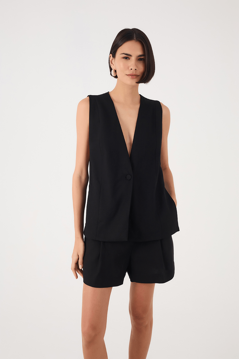 Black Plunging Neck Buttoned Side Buckle Linen Vest