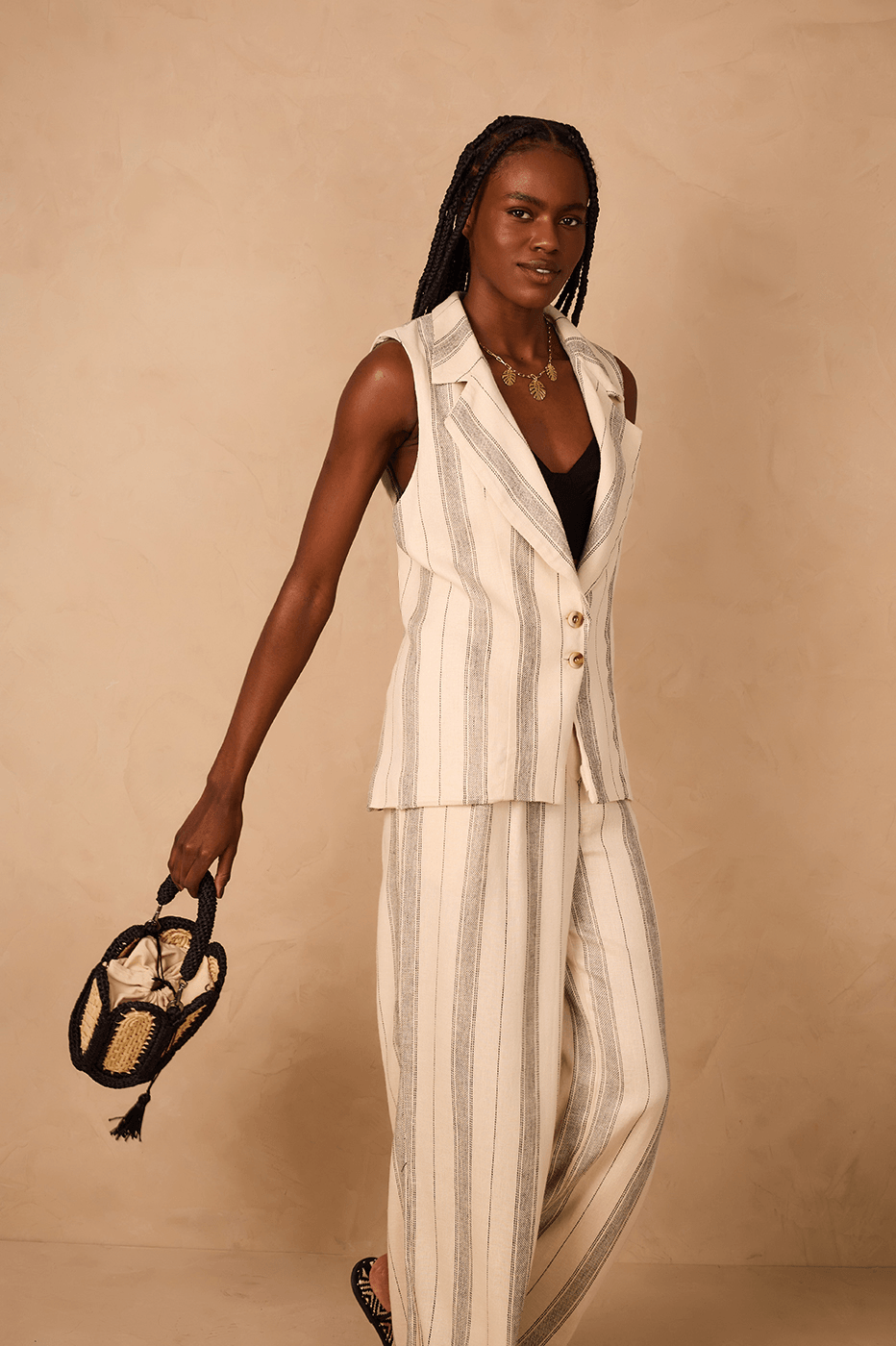 Sand Stripes Buttoned Notched Lapel Sleeveless Linen Vest