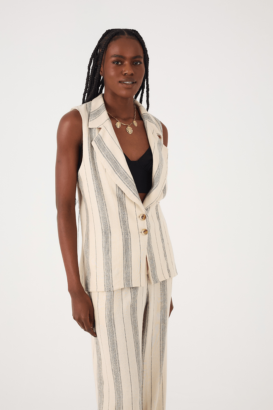 Sand Stripes Buttoned Notched Lapel Sleeveless Linen Vest